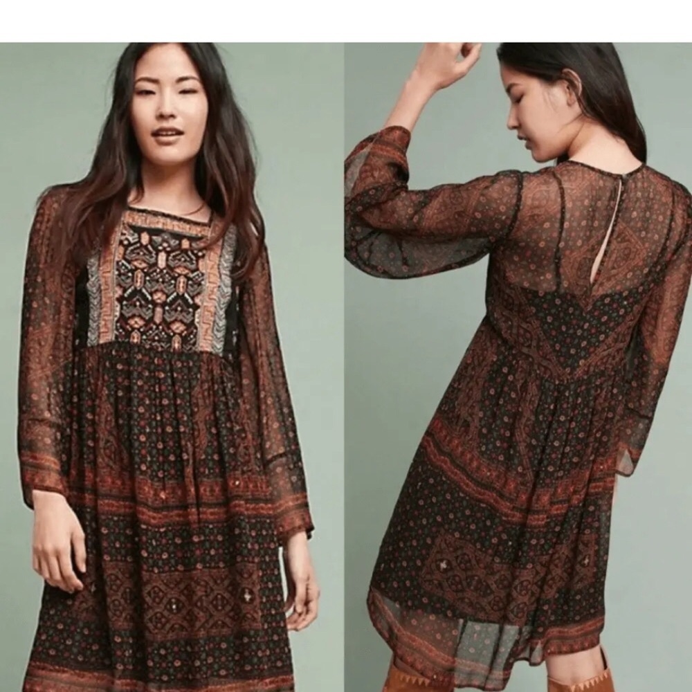 Anthropologie Akemi+ Kin Munro Sheer Tribal Embroidery Black Brown Tunic Dress L